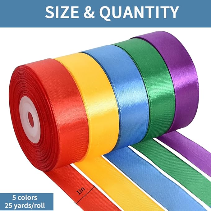 TONIFUL 1 Inch x 125 Yards 5 Colors Satin Ribbon Rolls, Mixed Bright Dark Gorgeous Color Set Fabric Ribbon for Gift Wrapping Embellish Wedding Birthday Party Decoration Bow Making Floral Craft Sewing