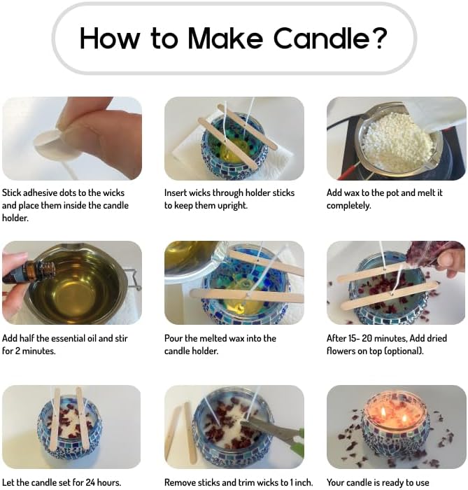 KRAFTSTORIES Candle Making Kit for Adults – DIY Candle Making Set with Natural Soy Wax, Wicks, Essential Oils, Dried Flowers & 4 Turkish Mosaic Glass Jars – Handmade Arts & Crafts Complete Gift (4) - Image 6
