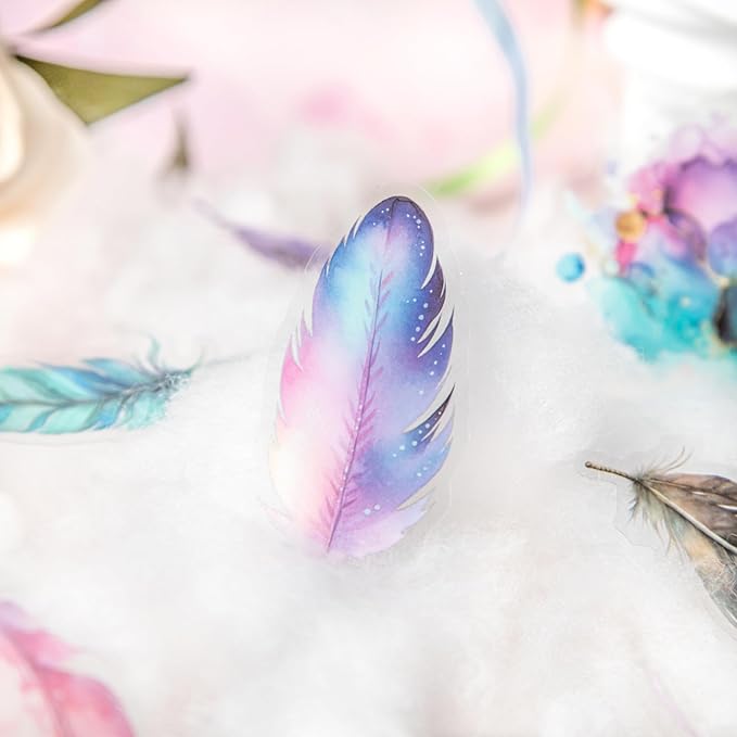 100 Pieces Vintage Fantasy Feather PET Stickers, Aesthetic Decorative Colorful Feather Stickers for Scrapbooking DIY Diary Junk Journal Handbook Album Decoration Journaling Scrapbooking Supplies