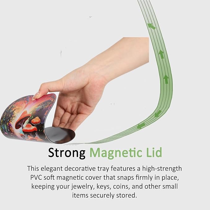 Small Metal Trays with PVC Soft Magnetic Lid Metal Tray with Lid Cover Small Cute Decorative Tray Ideal Storage for Home or on The Go, 7" x 5.5"