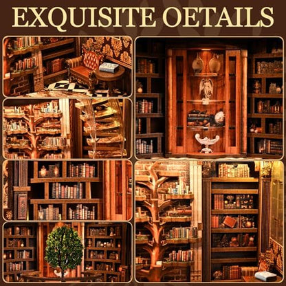 fifijoy DIY Book Nook Kit for Adults - 3D Wooden Puzzle Miniature House Kit with LED Light, Miniature Dollhouse Library Bookshelf Insert Decor, Creative Gift for Family, Friends (Wisdom Rings) - Image 2