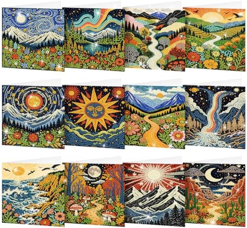 Saillong 12 Pack Boho Diamond Painting Greeting Card Kits DIY Vintage Boho Diamond Art Cards with Envelopes Landscape 5D Rhinestones Painting for Adults DIY Craft Family Friend Gifts by Saillong