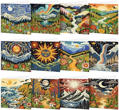 Saillong 12 Pack Boho Diamond Painting Greeting Card Kits DIY Vintage Boho Diamond Art Cards with Envelopes Landscape 5D Rhinestones Painting for Adults DIY Craft Family Friend Gifts by Saillong