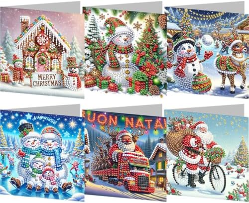 jinglinhh 6pcs Diamond Art Painting Christmas Snowman House Santa Bike Train Greeting Cards with Envelopes, DIY Card Making Kits for Adults, Diamond Art Postcards Holiday Cards Craft Gifts by Unknown