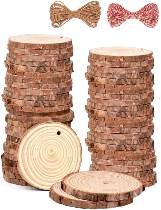 Wood Slices 54 Pcs 2.8-3.1 Inches,Wood Slices for Crafts with Hole,Small Wood Cookies,Natural Wood Slices for DIY Rustic Candle Holders/Wedding/Christmas. ﻿