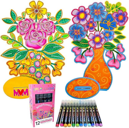 Life of Colour Painting Kit - Color Your Own 2 Flower in Vase Boards Acrylic Paint Pens for No Mess Painting - 15.7 x 11.8 Inches for Joyful Display - Arts and Crafts for Adults