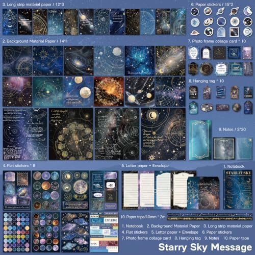 icceemee Scrapbooking Supplies Kit, Blue Starry Sky Scrapbooking Kit for Bullet Junk Journaling, Stationery, A6 Grid Notebook, Flower DIY Journaling Supplies, Birthday Craft Gift for Teen Girls - Image 5