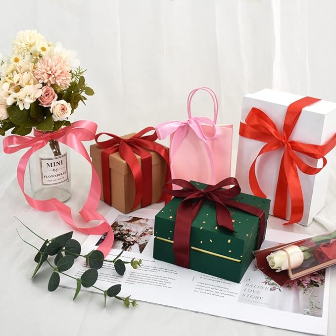 TONIFUL 1 Inch x 125 Yards 5 Colors Satin Ribbon Rolls, Mixed Red Color Set Fabric Ribbon for Gift Wrapping Embellish Wedding Birthday Party Decoration Bow Making Floral Craft Sewing（red）