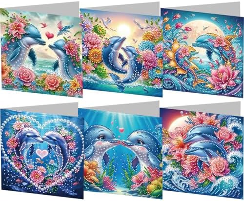 jinglinhh 6pcs Dolphin Couple Flowers Diamond Art Painting Greeting Cards with Envelopes, DIY Card Making Kits for Adults, Diamond Art Postcards Christmas Cards Craft Gifts by Unknown