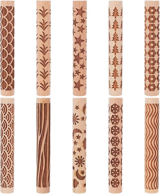 UNICRAFTALE 10Pcs Wooden Clay Texture Rollers Set for Pottery 10 Styles Ceramics Potters Stamp Roller Tools 102mm Textured Rolling Pins Modeling Pattern Rollers Kit for DIY Handmade Art Supplies