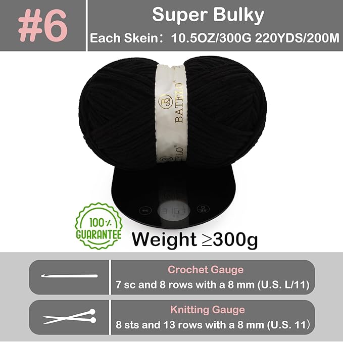 Chenille Yarn for Crocheting & Knitting 880 Yards, Soft Thick Fluffy Bulky Blanket Yarn, 4 Pack of 10.5oz(Black)