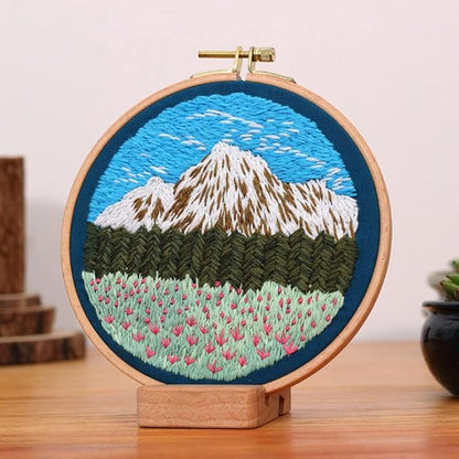 SUQUUB 3 Sets Embroidery Starter Kit with Pattern and Instructions,Cross Stitch Beginner Kits with Frame,3 Plastic Embroidery Hoops,3 Embroidery Clothes and Color Threads (3X Landscape Pattern)