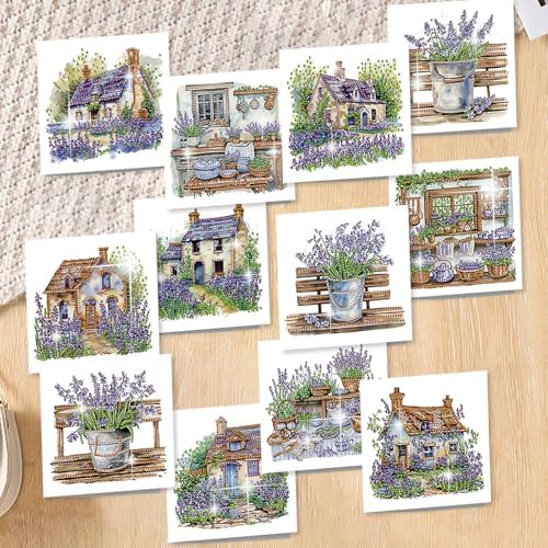 C'eitura 12Pcs Lavender Diamond Art Painting Greeting Card Kit with Envelopes, DIY Floral Christmas Birthday Thanksgiving Card Making Set, Calming Handmade Card Craft - Image 6
