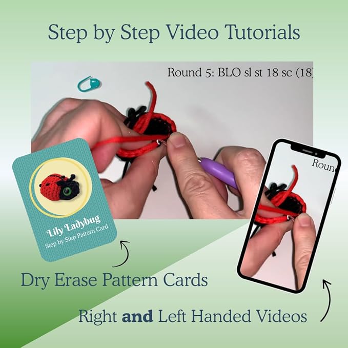 KelliDream Magic Circle Tool Inclusive Learn to Crochet Kit for Beginners; Step-by-Step Video Tutorials; All Supplies to Make Cute Amigurumi (Ladybug)