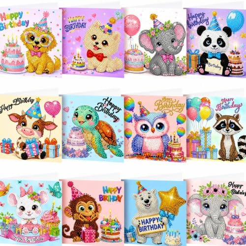 Saillong 12 Pack Happy Birthday Diamond Painting Greeting Card Kits DIY Animal Birthday Diamond Art Cards with Envelopes Cake 5D Rhinestones Painting Kits for Adults DIY Crafts Family Friend Gifts by Saillong