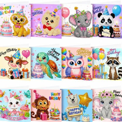 Saillong 12 Pack Happy Birthday Diamond Painting Greeting Card Kits DIY Animal Birthday Diamond Art Cards with Envelopes Cake 5D Rhinestones Painting Kits for Adults DIY Crafts Family Friend Gifts by Saillong