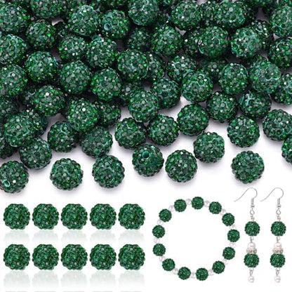 105pcs 10mm Rhinestone Beads for Jewelry Making, Dark Green Shiny Round Disco Ball Beads Bulk, Sparkle Crystal Clay Christmas for Bracelet Baseball Necklace Earring Crafting and DIY by TINKRSTUFF