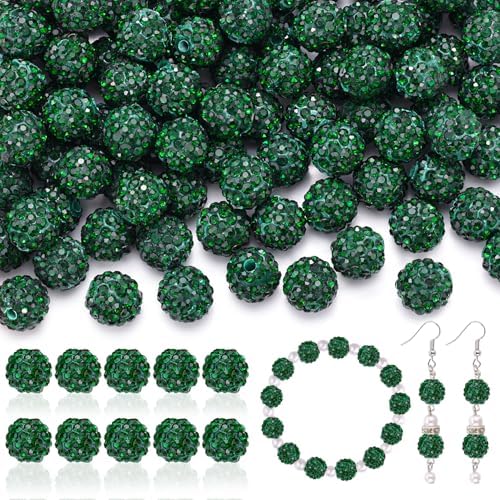 105pcs 10mm Rhinestone Beads for Jewelry Making, Dark Green Shiny Round Disco Ball Beads Bulk, Sparkle Crystal Clay Christmas for Bracelet Baseball Necklace Earring Crafting and DIY by TINKRSTUFF