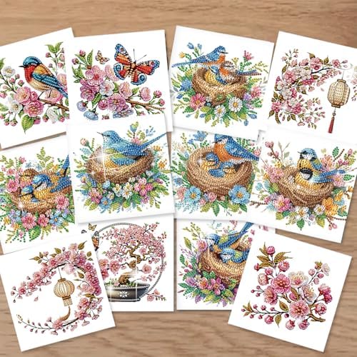 jinglinhh 12pcs Diamond Art Painting Bluebird Flowers Greeting Cards with Envelopes, DIY Card Making Kits for Adults, Diamond Art Christmas Cards for Birthday Holiday Postcards Craft Gifts - Image 4