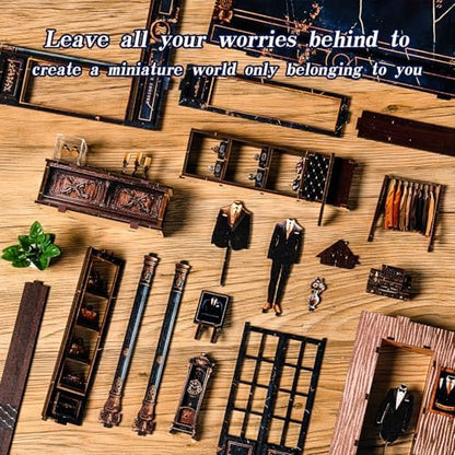 DIY Miniature Dollhouse Kit with LED Light, 3D Wooden Puzzle Book Nook Kit for Adults and Teens, Creative Tailor Shop Model Kit to Build, Home Decor Hobby Gift (Golden Section Line) - Image 6