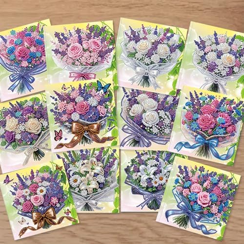 jinglinhh 12pcs Lavender Rose Lily Bouquet Diamond Art Painting Greeting Cards with Envelopes, DIY Card Making Kits for Adults, Diamond Art Christmas Cards for Birthday Holiday Postcards Craft Gifts - Image 4