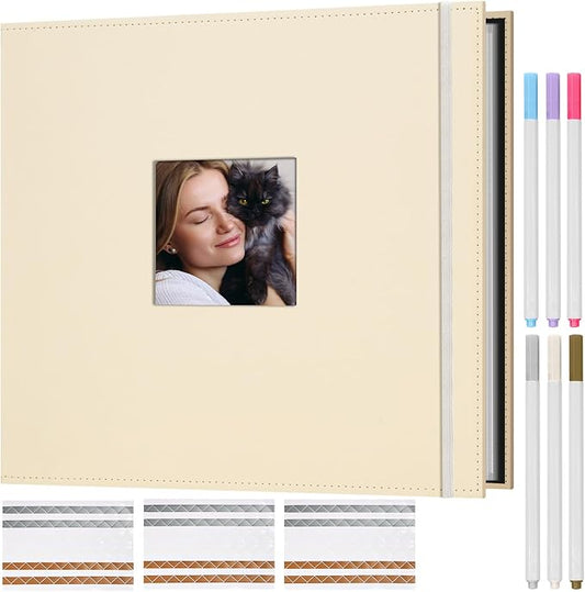 Hiwhy Scrapbook Photo Album, 3 Ring 12"x12" DIY Photo Album, Memory Scrapbook with 50 Sleeves 100 Pages, Perfect for Wedding, Travel, Family, Beige