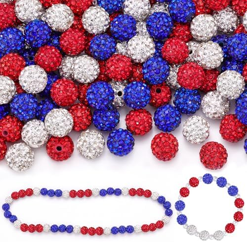 90pcs 10mm Rhinestone Beads for Jewelry Making, Red+White+Dark Blue Shiny Round Shamballa Disco Beads, Sparkle Crystal Clay Christmas for Bracelet Baseball Necklace Earring Crafting and DIY by TINKRSTUFF