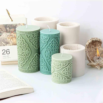 Grainrain 3D Lace Flower Column Silicone Candle Mold Decorated Pillar Candle Mould Handcrafted Silicone Molds for Candle Wax Resin Gyspum Crafts Making Middle Size(ZH026)