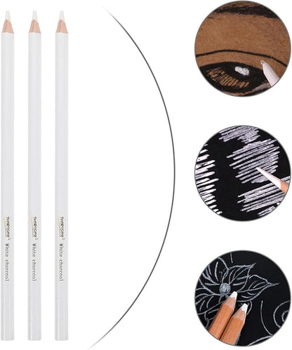 Healvian 3Pcs White Charcoal Pencils for Drawing and Sketching, Professional Art Drawing Highlight Pencils, Wooden Sketching Supplies for Artists and Students