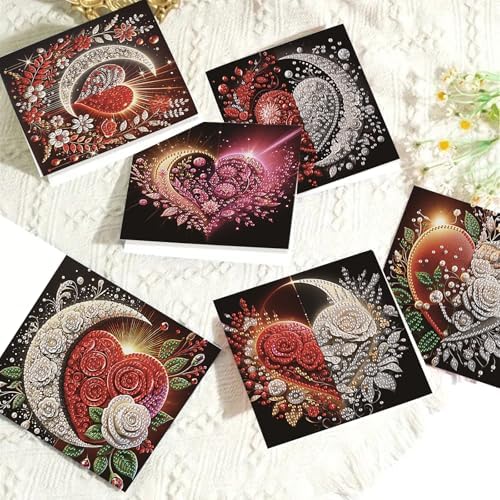 6Pcs Diamond Art Painting Cards Kit Heart Moon Rose Greeting Card - Image 4