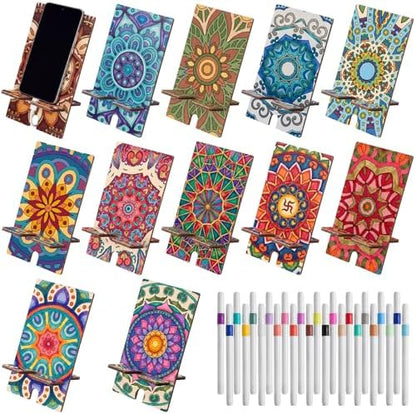 Kenning 12 Pcs Mandala Crafts Color Your Own Phone Holder DIY Mandala Cell Phone Stands Paint Your Own Unfinished Wooden Cellphone Holder to Paint with 24 Color Pens for Adults Handmade Project Gifts by Kenning