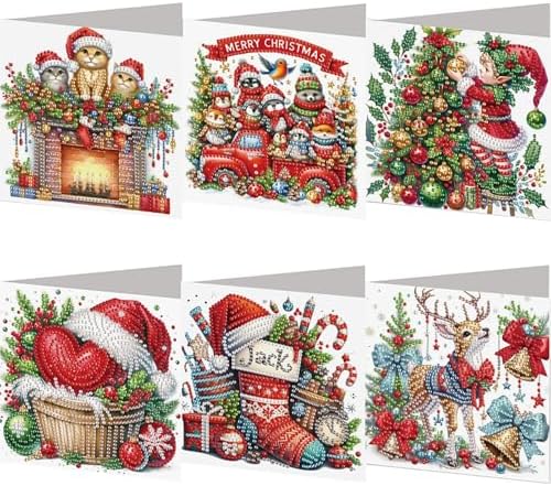 jinglinhh 6pcs Diamond Art Painting Christmas Cats Animals Stocking Elk Greeting Cards with Envelopes, DIY Card Making Kits for Adults, Diamond Art Postcards Christmas Cards Craft Gifts by Unknown