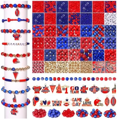 3000PCS+ Game Day Beads for Bracelets Making Red Black Clay Heishi Beads Pearl Acrylic Letter Bead Enamel Football Charms for Bracelet Earrings Necklace Making DIY Game Day Accessories (Red Blue) - Image 6