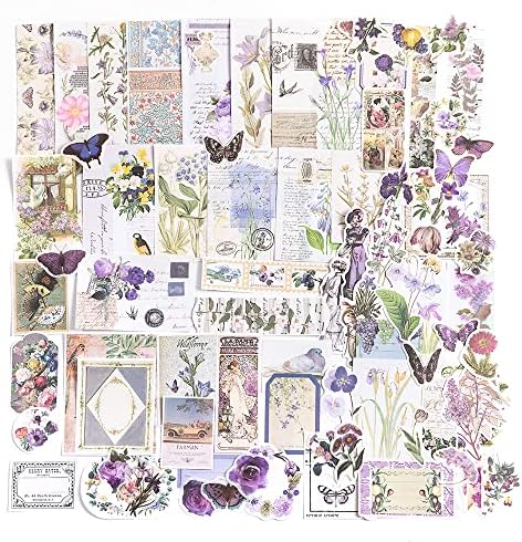 Alideco 200pcs Vintage Scrapbook Stickers Kawaii Purple Floral Scrapbooking Paper Washi Junk Journaling Supplies Collage Album Aesthetic Cottagecore Picture Frames(Butterfly) by Alideco