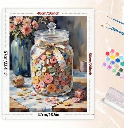 Still Life Paint by Numbers Kit for Adults - DIY Jar of Buttons and Flowers Painting on Canvas 16x20in, Acrylic Paint Set, Suitable for Beginners, Decorative Art for Home or Gifts - Image 2