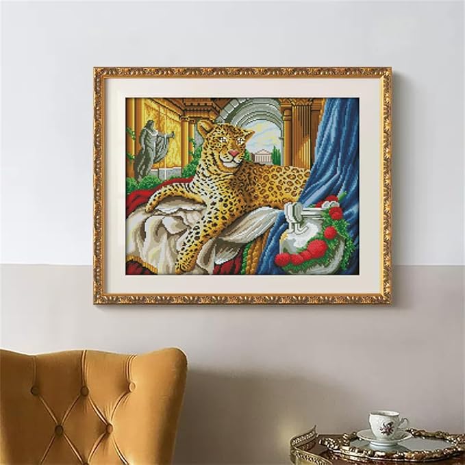 JOYSEWING Spotted Leopard Cross Stitch 11CT Fabric Stamped Kits for Adults Animal Patterns Big Embroidery Starter Kits for Beginners DIY Wall Art Home Decor (Leopard(11CT) 22.05 ×18.11 inch)