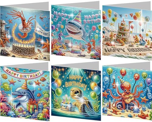 jinglinhh 6pcs Diamond Art Painting Birthday Cake Ocean Lobster Shark Dolphin Sea Turtle Shark Greeting Cards with Envelopes, DIY Card Making Kits for Adults, Diamond Art Christmas Cards Craft Gifts by Unknown