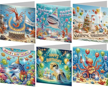 jinglinhh 6pcs Diamond Art Painting Birthday Cake Ocean Lobster Shark Dolphin Sea Turtle Shark Greeting Cards with Envelopes, DIY Card Making Kits for Adults, Diamond Art Christmas Cards Craft Gifts by Unknown