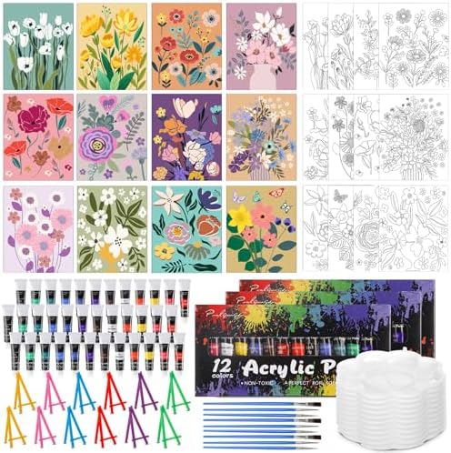 Sherr 108 Pcs Flower Sip and Paint Kit, Pre Drawn Canvas for Adults by Sherr