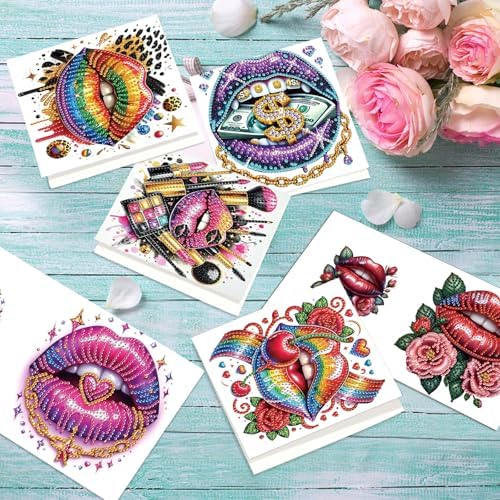 antor 6 Pack 5D Diamond Painting Greeting Cards, Fashionable Lip Design - Image 5