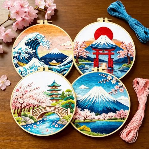 BEUNITONE 4 Pcs Embroidery Kit for Beginner, Ukiyo-e Style Landscape Wave Pattern Embroidery Materials, Cross Stitch Set with Cloth, Thread, Needle and Hoop Tools for Friendship Gift and Home Decor - Image 6