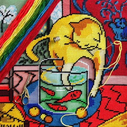 Brvsk Artistic Embroidery Kit for Adults and Beginners — Cat with Fish 16″ × 16″ with Clear, Precise Printed Design on Cotton Canvas; Includes 2 Needles, Yarn, and Easy-Read Chart - Image 2