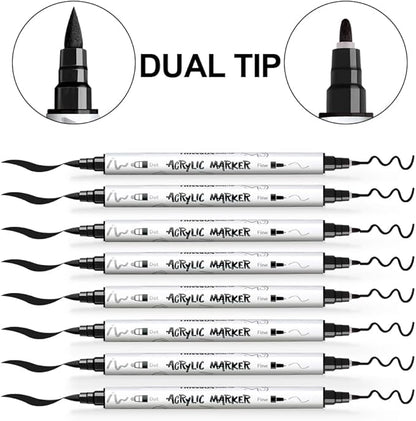 TRANSON 8 Pack Black Brush and Fine Dual-tip Acrylic Paint Marker for DIY Glass Canvas Wood Leather Ceramic Rock Painting