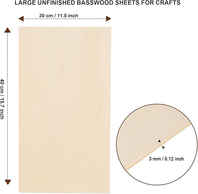 6 Pack Basswood Sheets for Crafts - 12 x 16 x 1/8 Inch - 3mm Thick Large Plywood Sheets Unfinished Bass Wood Boards for Laser Cutting, Wood Burning (12 x 16 x 1/8 inch (6 Pack))