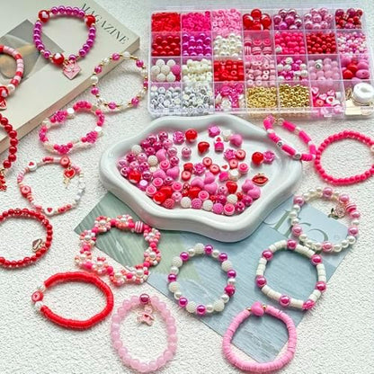 1800PCS+ Valentine’s Day Beads for Bracelets Jewelry Making Set, Pink Red Polymer Clay Beads Assorted Pearl Acrylic Heart Bead Letter Spacer Flower Bead and Heart Charms for Necklace Bracelets Making - Image 5