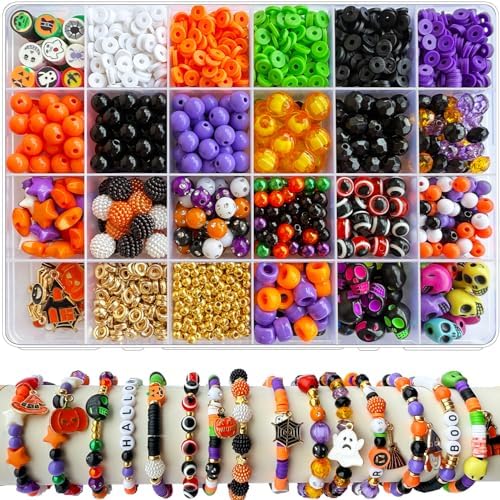 1970Pcs Halloween Bracelet Kit, Halloween Beads for Bracelets Jewelry Making Orange Black White Purple Polymer Clay Beads Pumpkin Evil Eye Skull Bead with Ghost Spider Charms for DIY Craft Earring by JJzxwish