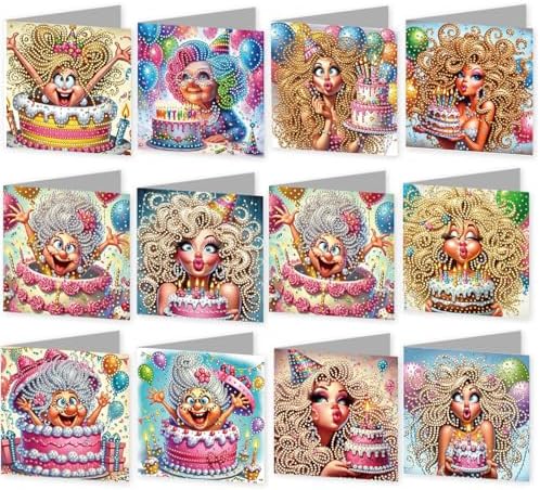 jinglinhh 12pcs Diamond Art Painting Birthday Cake Balloons Woman Greeting Cards with Envelopes, DIY Card Making Kits for Adults, Diamond Art Christmas Cards for Holiday Gifts by Unknown