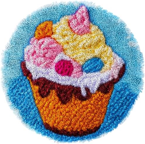 Latch Hook Mini Rug Kit Cute Ice Cream Cup Easy for Beginners Round Shape Carpet Crochet Yarn Craft DIY Hook and Latch Little Tapestry for Home Decor 30x30cm by Unknown