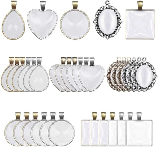 Anezus 60Pcs Pendant Trays, Bezel Pendant Trays Blanks with Glass Cabochons for Pendants Making and Jewelry Making, 5 Styles
