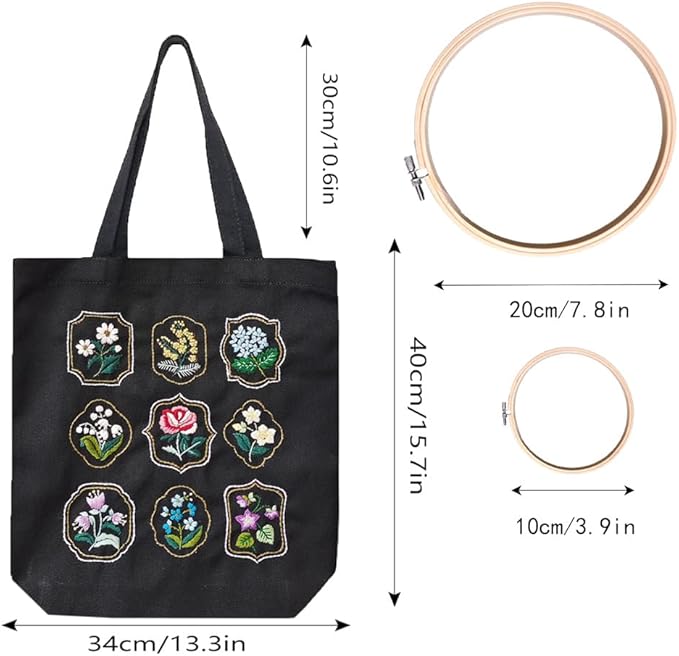SUPBRAIN Embroidery kit, Canvas Tote Bag Embroidery Kit, Include Stamped Flower Pattern, Hoop, Color Threads and Tool, Suitable for Beginners, Adults Arts and DIY Crafts Kits (Black)